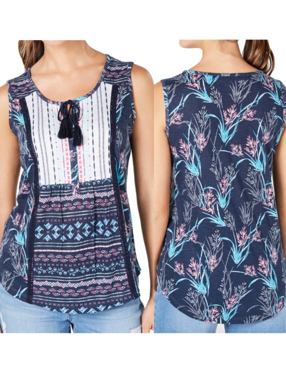 NEW NWT STYLE CO Mixed Print Tie Tank Top Blue Pink Aztec Tribal Boho PETITE PS